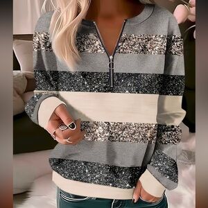 Quarter zip pullover striped sweatshirt casual long sleeve shirt, small, NWT